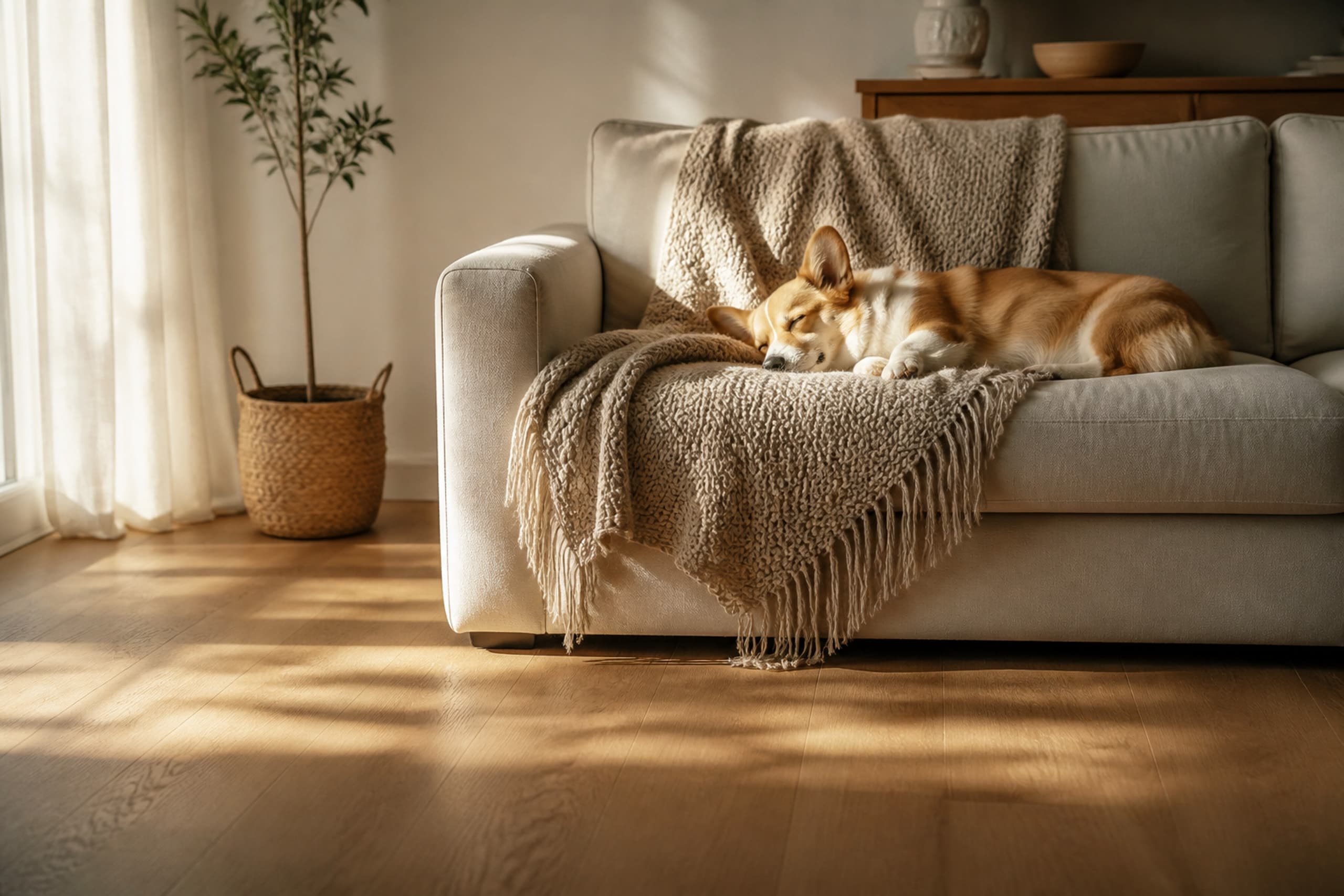 A quiet afternoon at home — a dog asleep on the sofa in warm window light