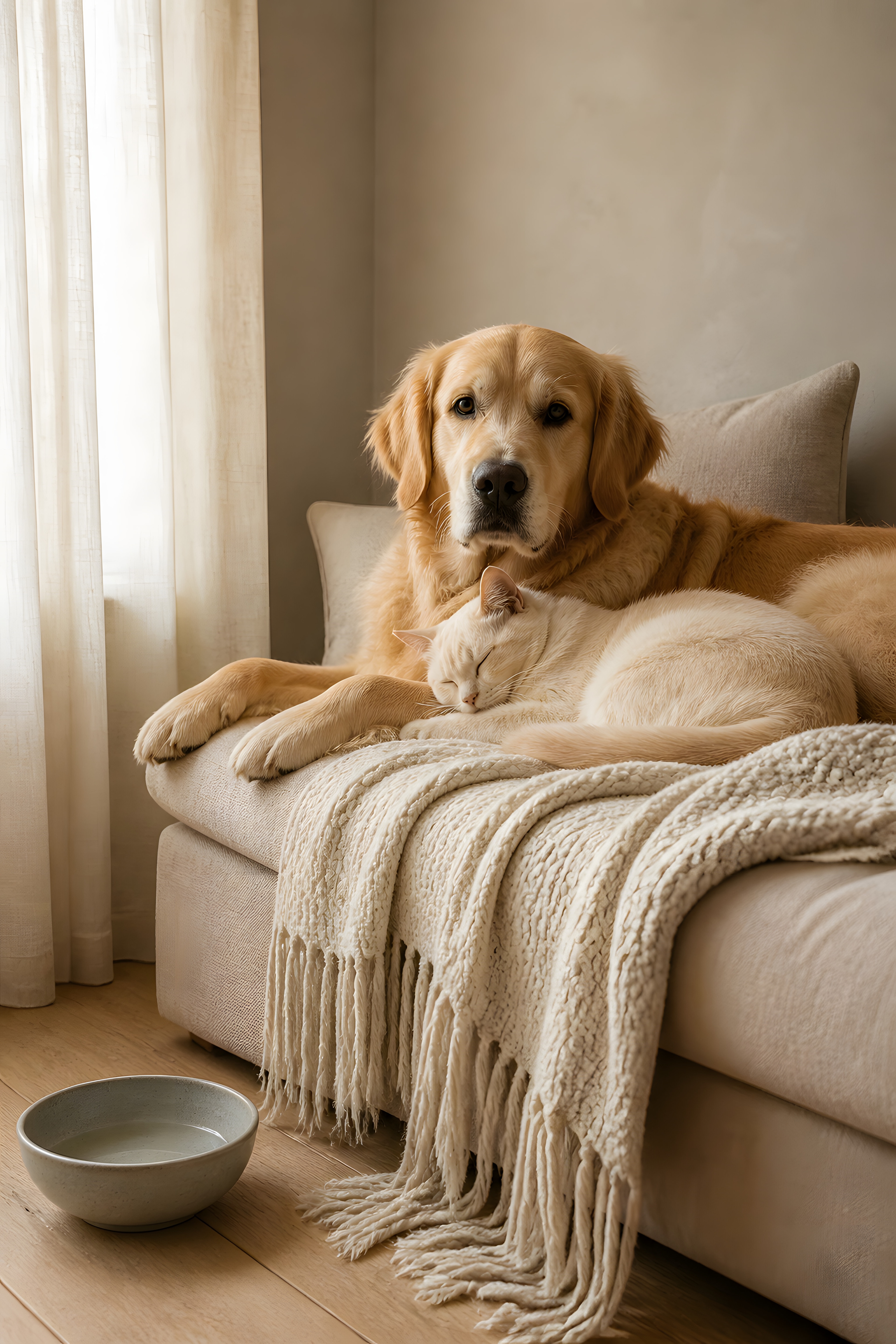 Dog and cat resting together in a calm Scandinavian home