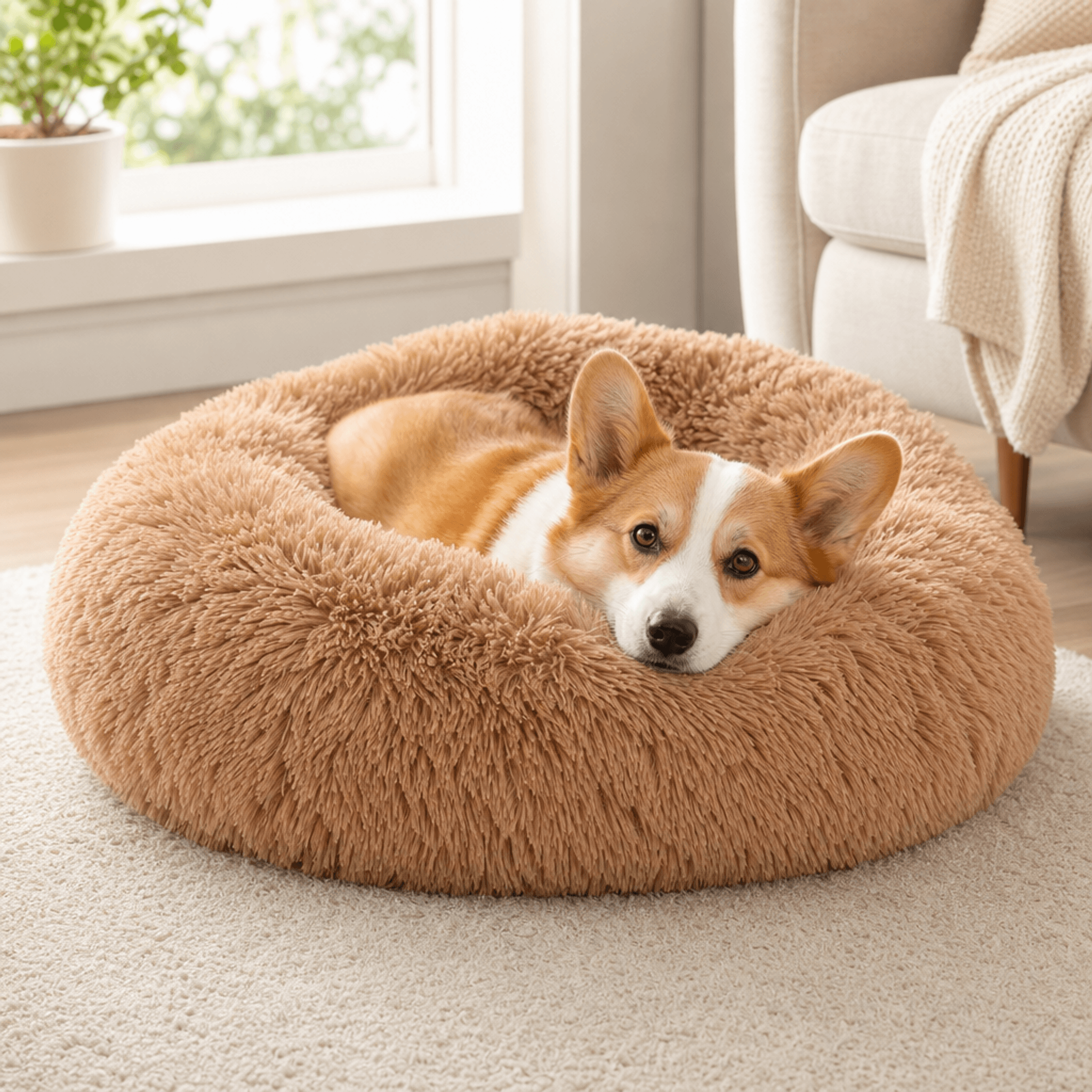A dog resting in a round pet bed