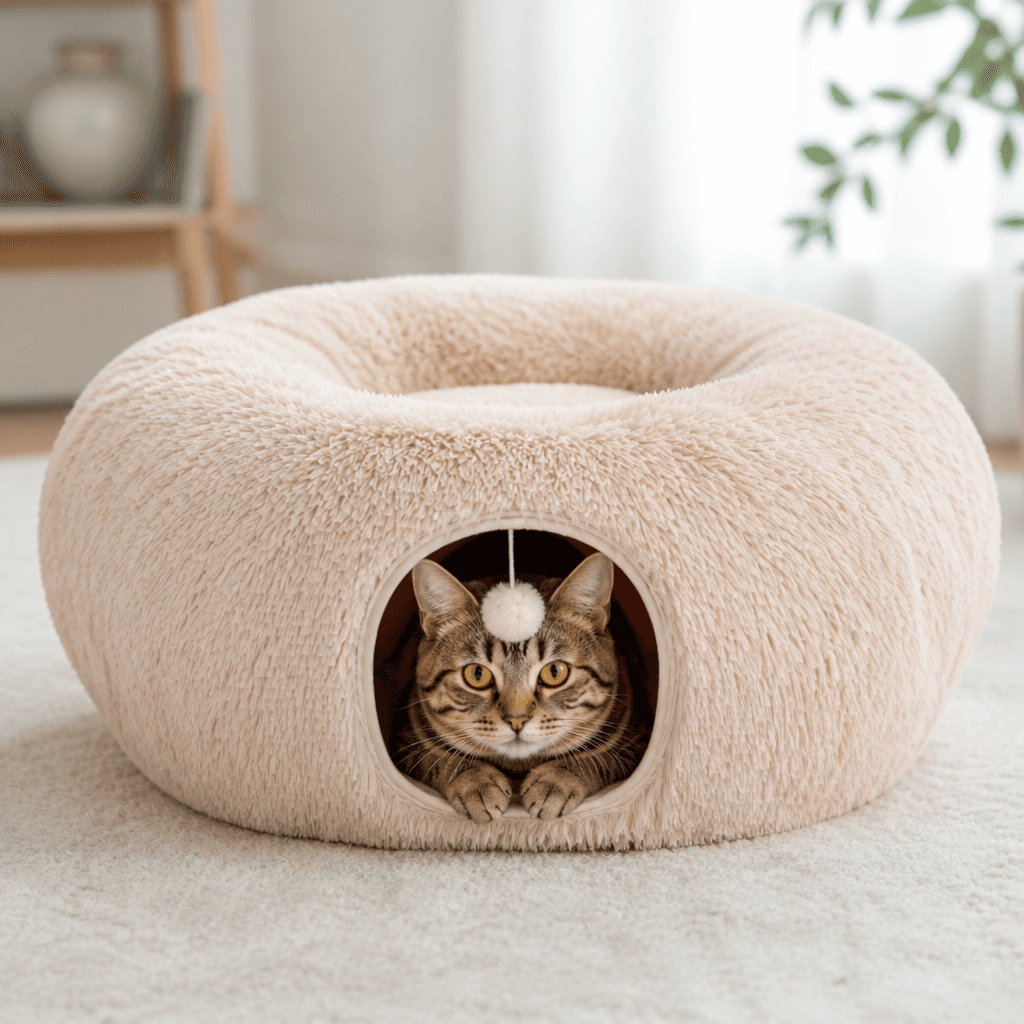 A cat sitting in a plush tunnel bed